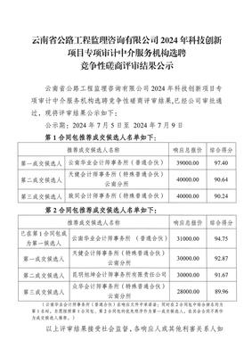 云南省公路工程监理咨询2024年科技创新项目专项审计中介服务机构选聘竞争性磋商评审结果公示